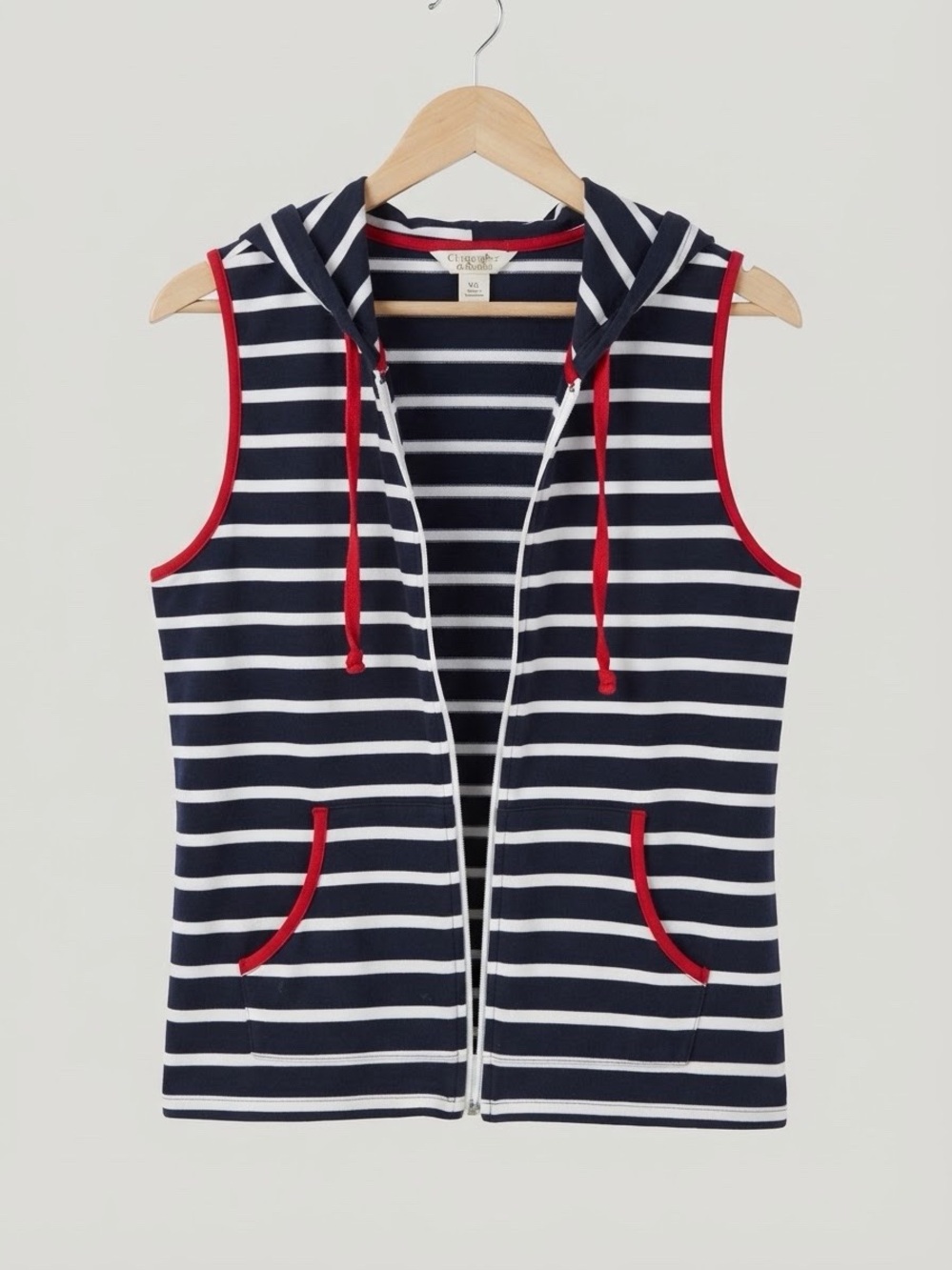 Nautical Stripe Hooded Vest - Navy & White with Red Trim - Petite L